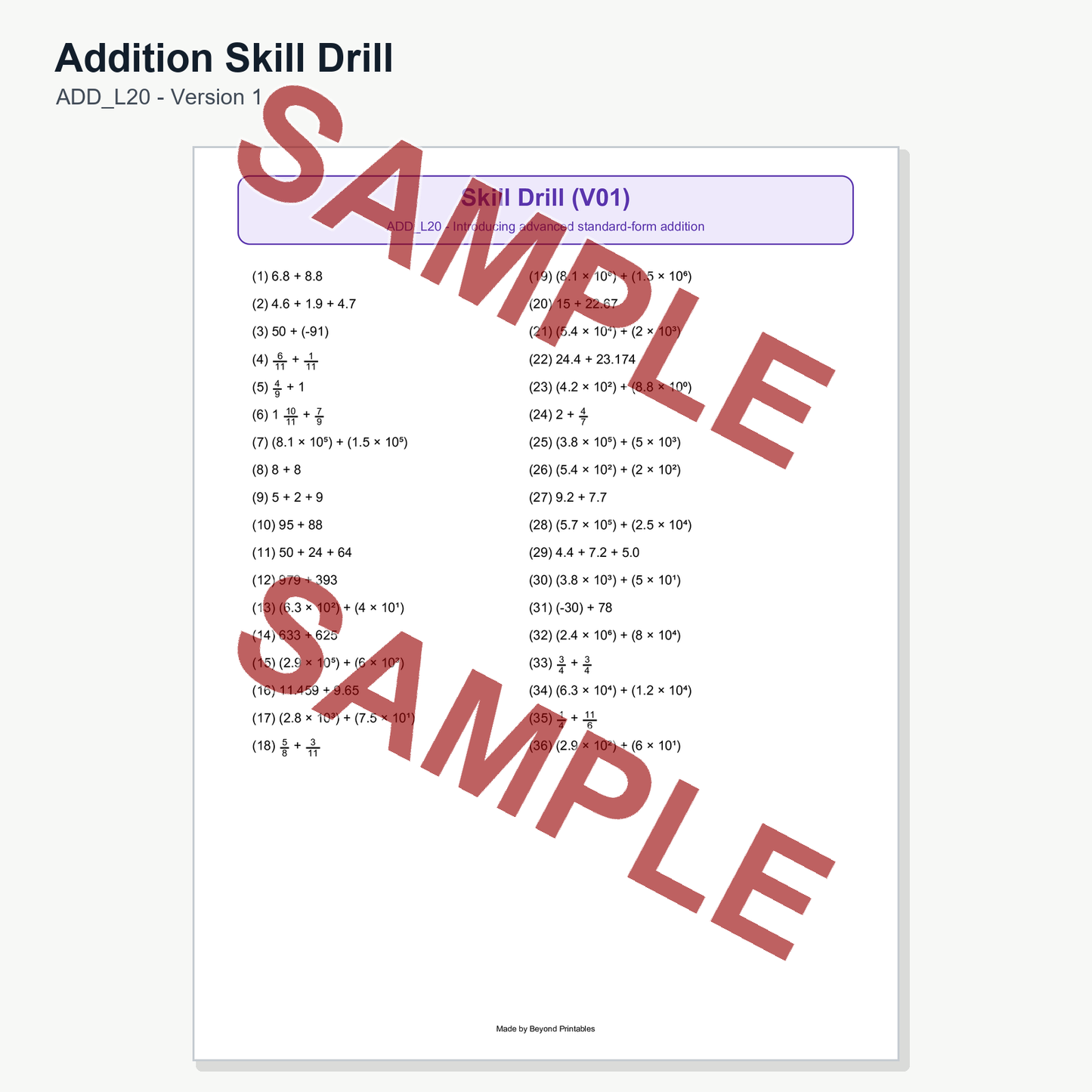 Sample preview for Addition Skill Drill ADD_L20 - Version 1