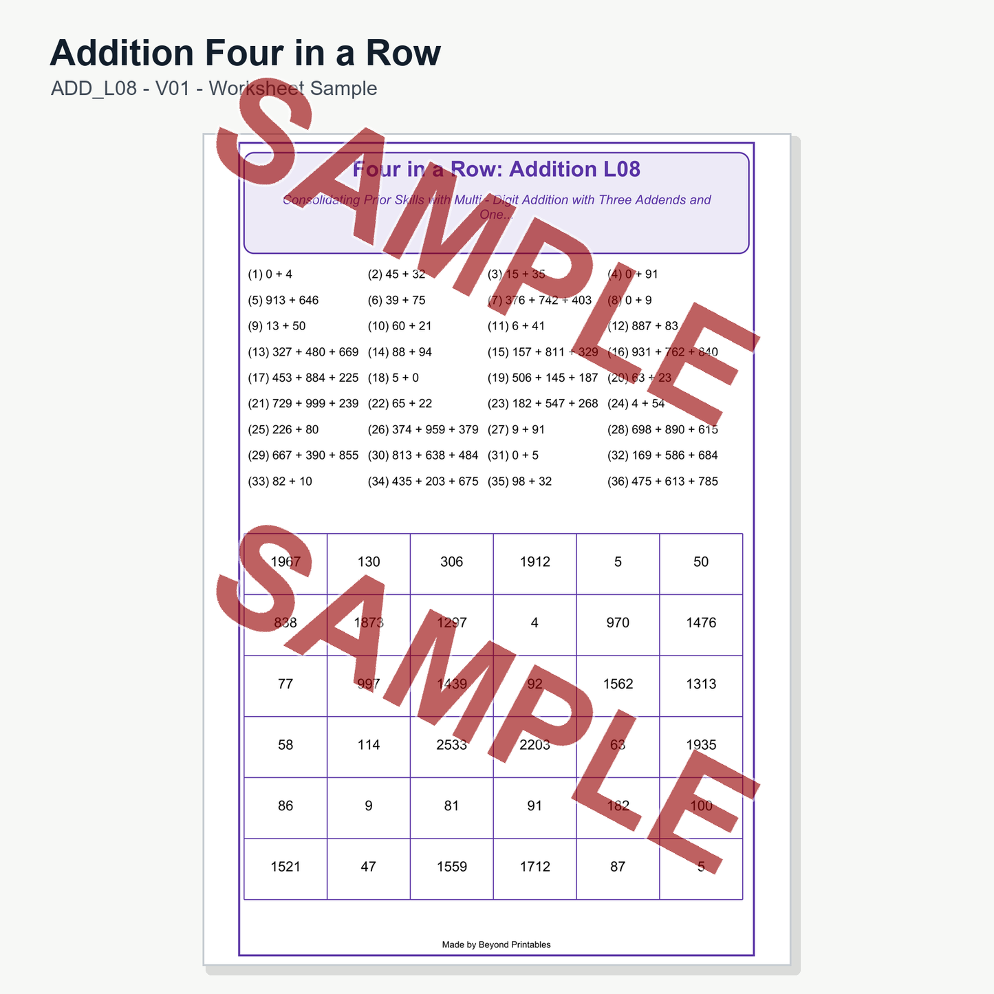 Addition Four in a Row - Level 08: Multi Digit Addition (V01)