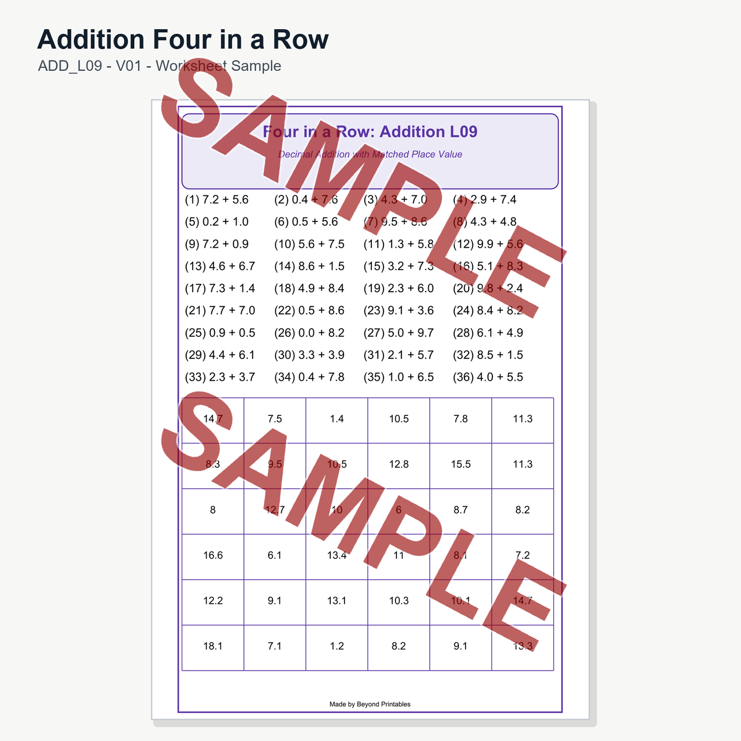 Addition Four in a Row - Level 09: Decimal Addition Matched (V01)