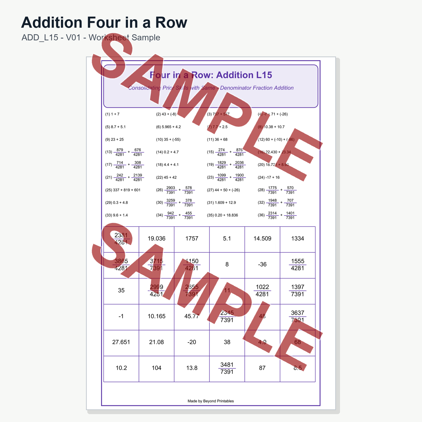 Addition Four in a Row - Level 15: Same Denominator Fraction (V01)