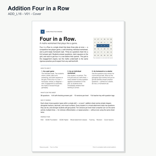 Addition Four in a Row - Level 16: Different Denominator Unit (V01)