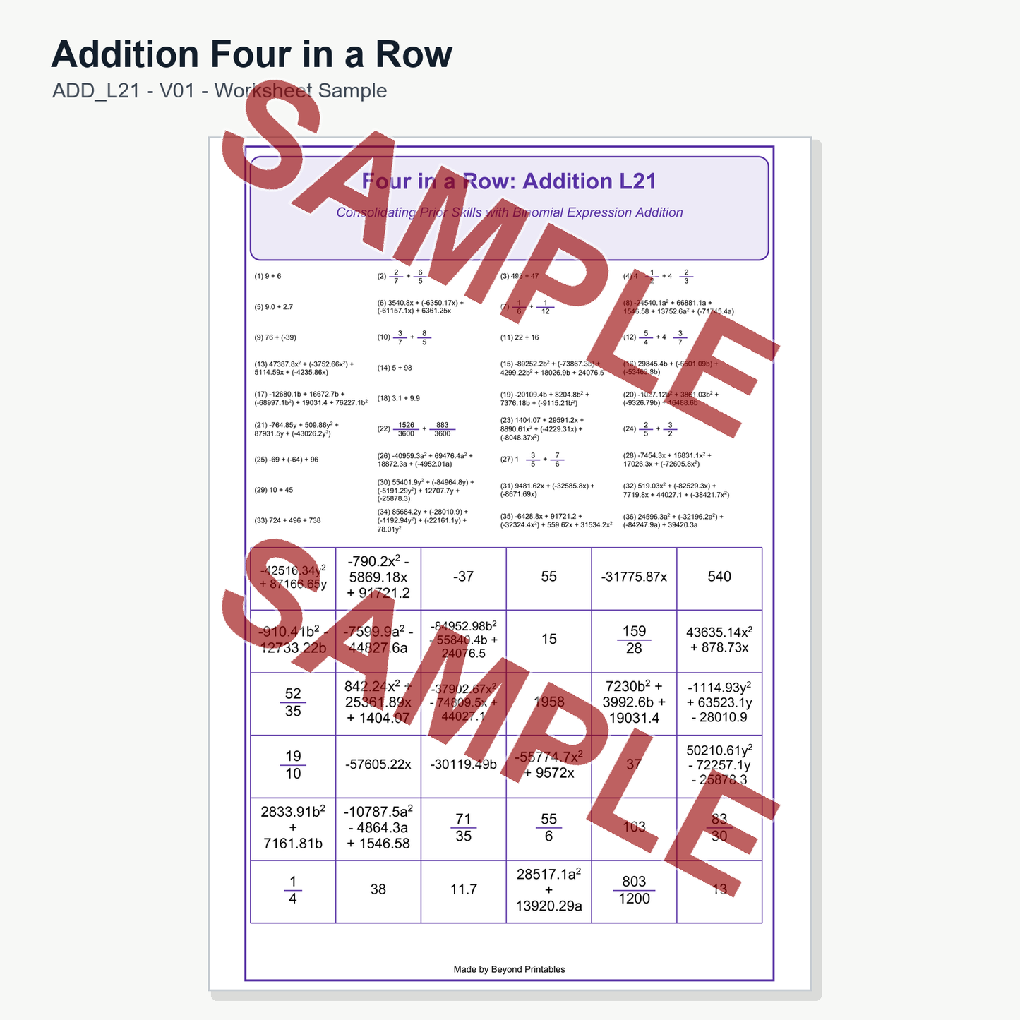 Addition Four in a Row - Level 21: Binomial Expression Addition (V01)