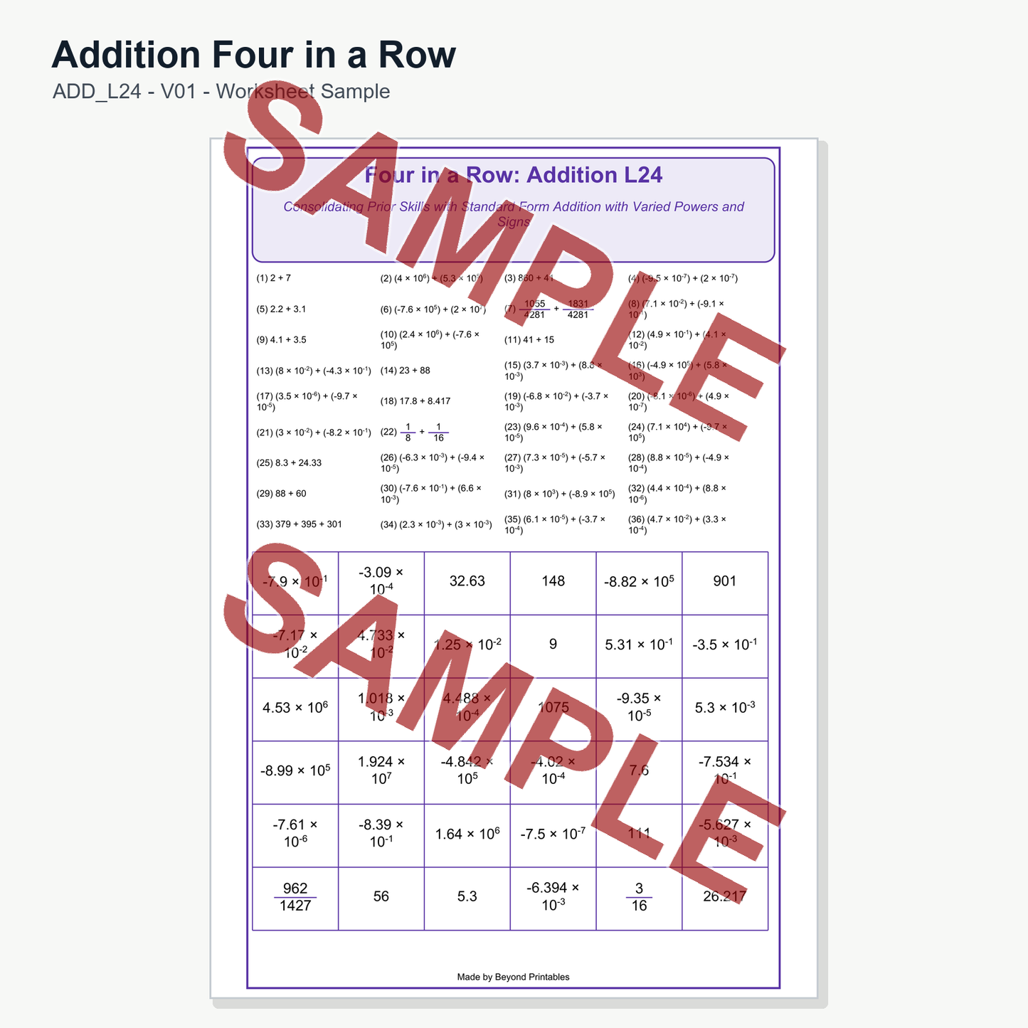 Addition Four in a Row - Level 24: Standard Form Addition (V01)