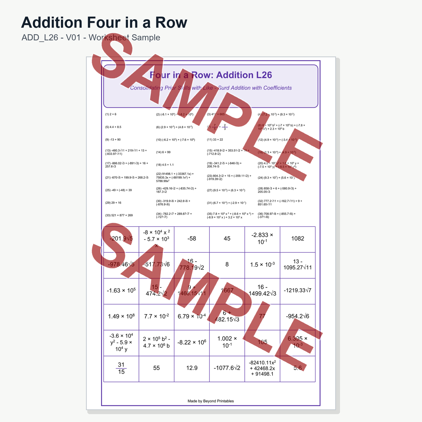 Addition Four in a Row - Level 26 (V01)