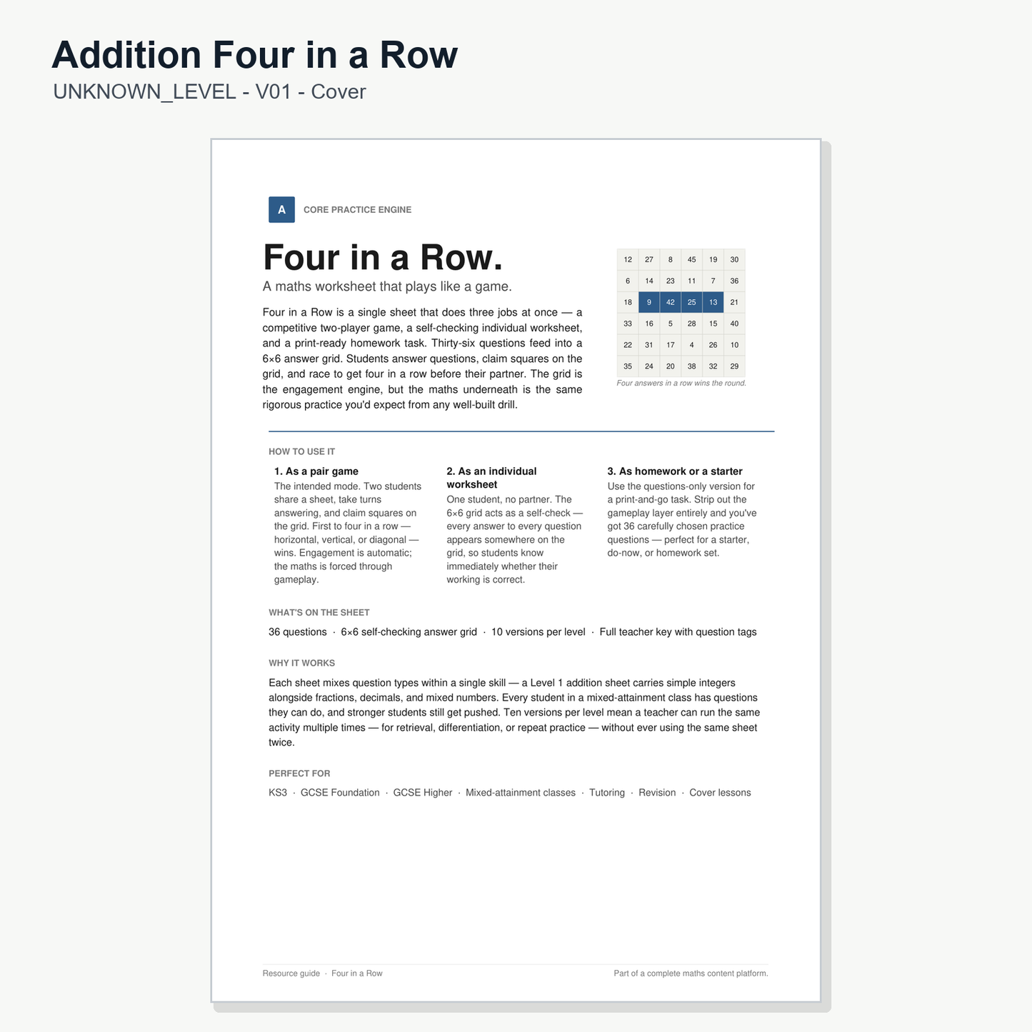 Addition Four in a Row - Free Sample Pack (V01)