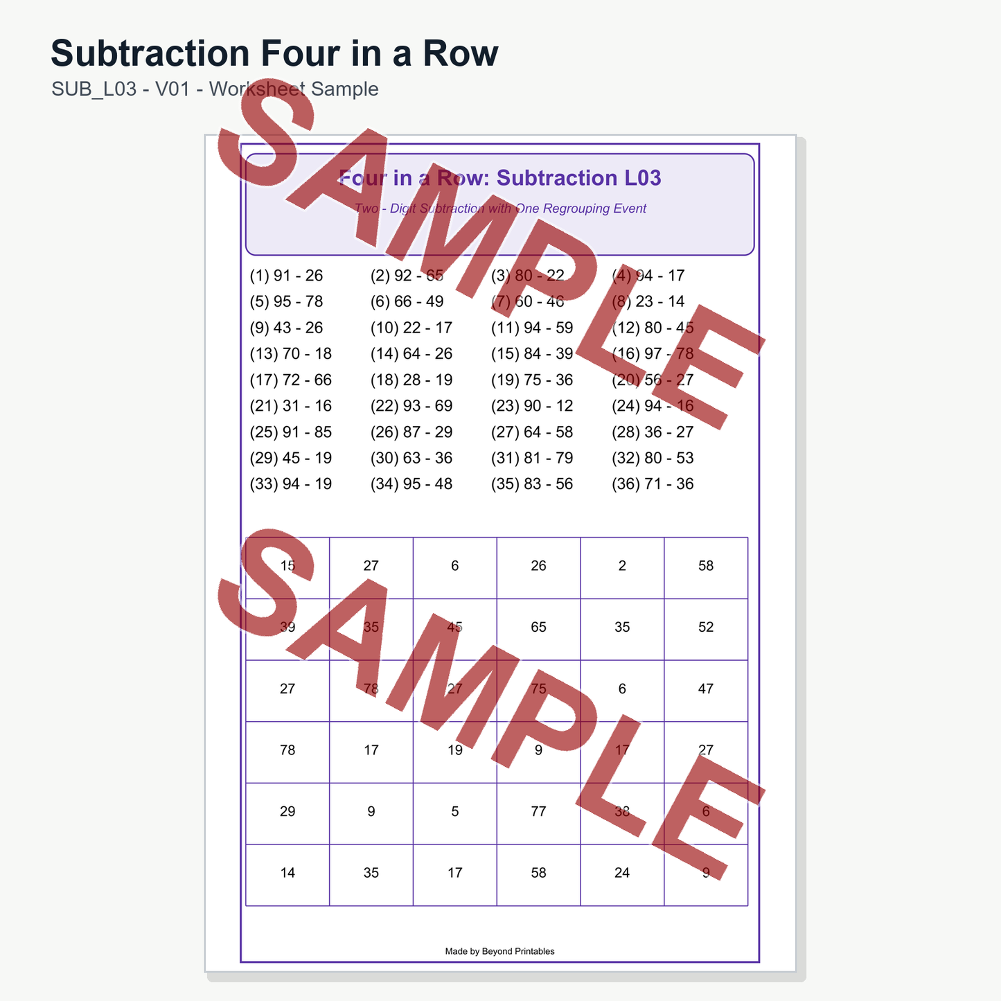 Subtraction Four in a Row — SUB L03 (V01)
