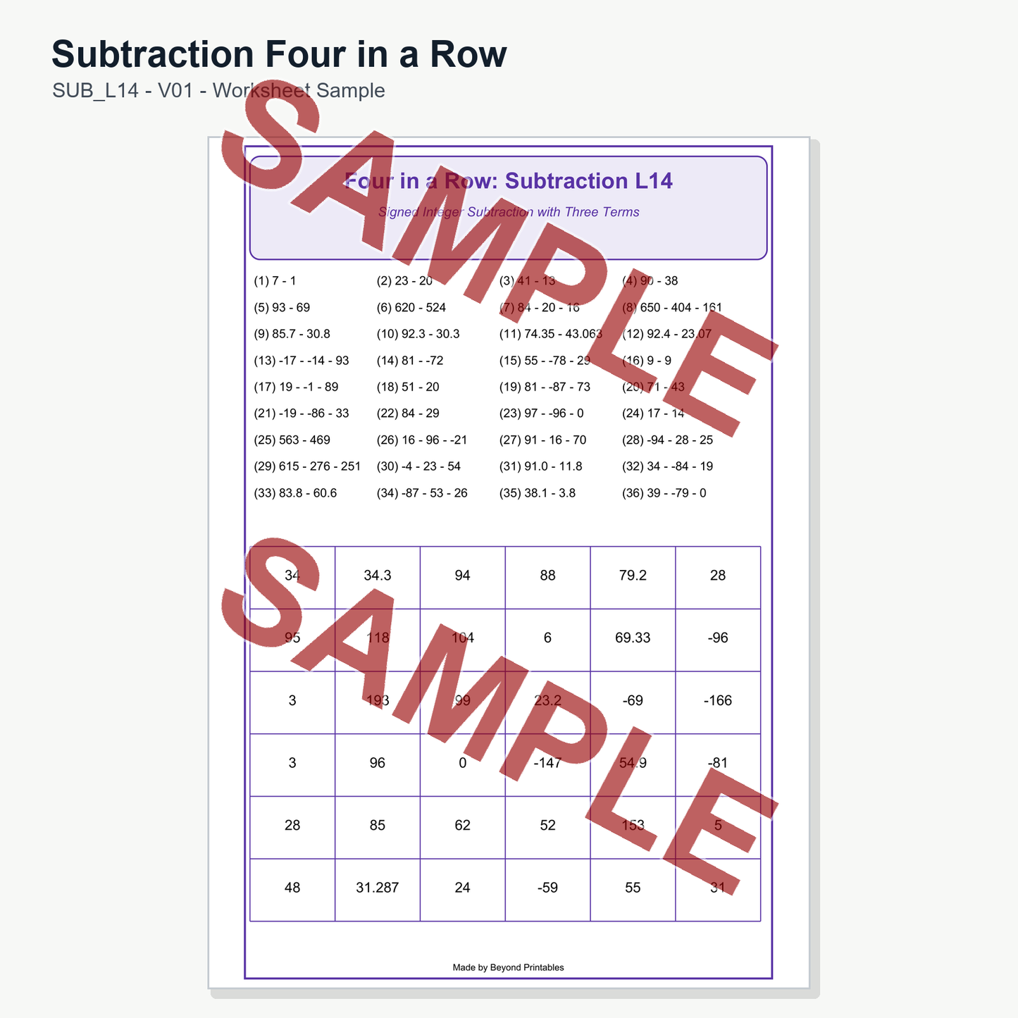 Subtraction Four in a Row — SUB L14 (V01)
