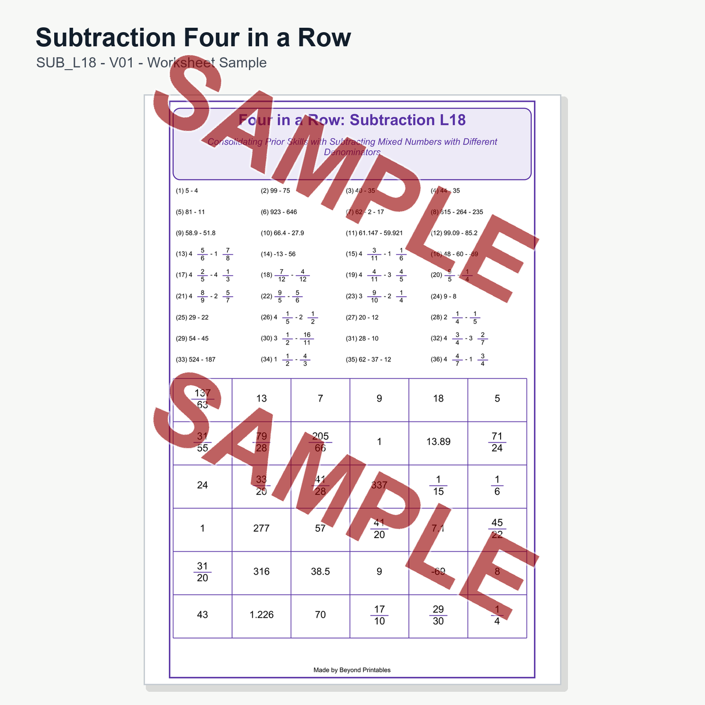 Subtraction Four in a Row — SUB L18 (V01)