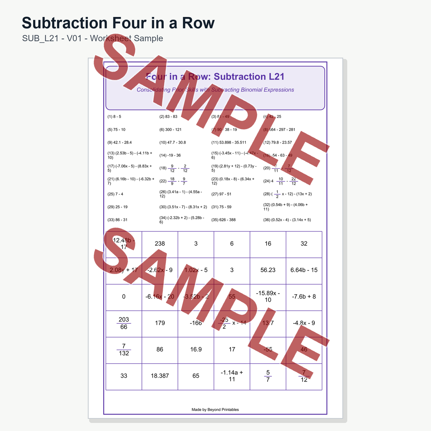 Subtraction Four in a Row — SUB L21 (V01)