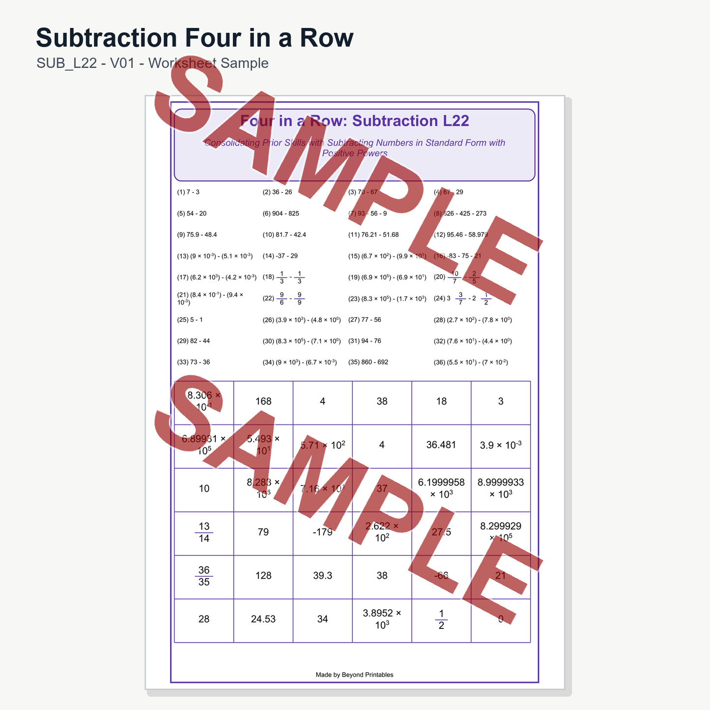 Subtraction Four in a Row — SUB L22 (V01)