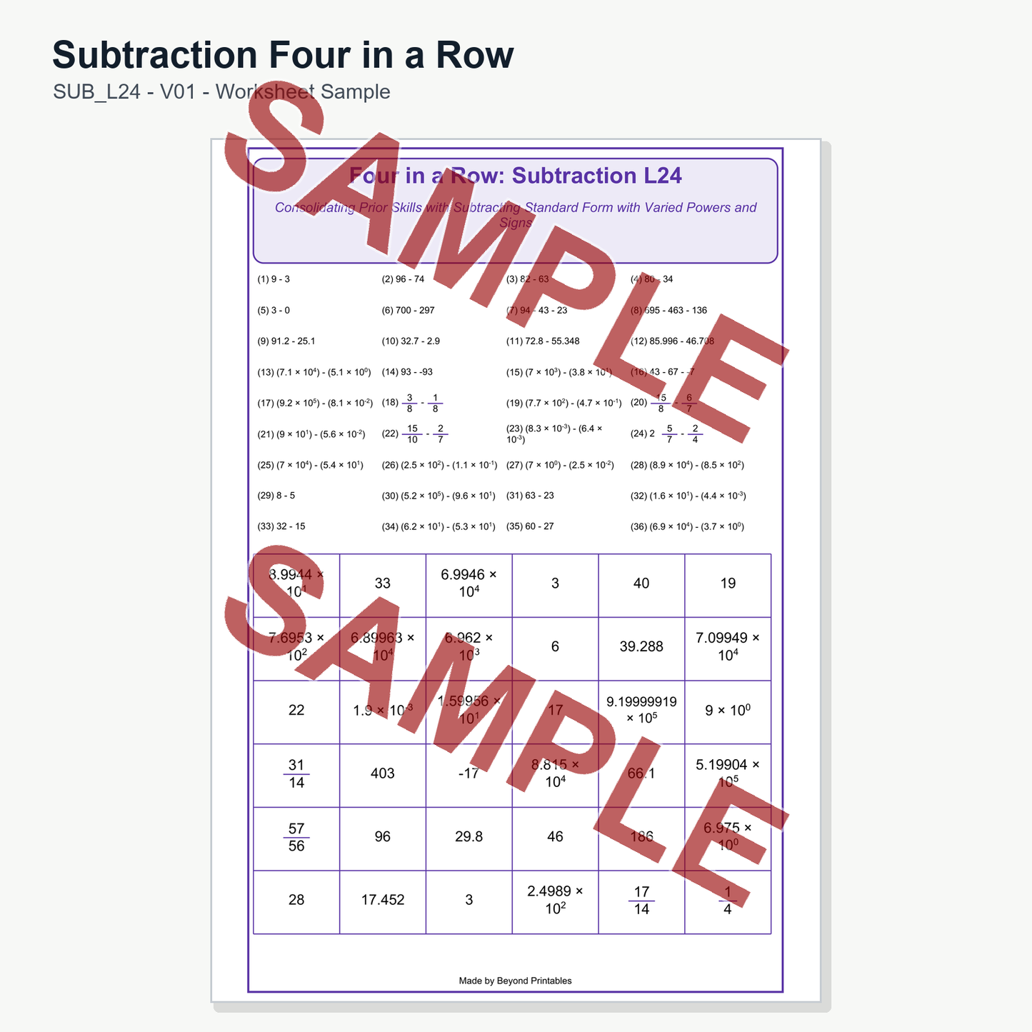 Subtraction Four in a Row — SUB L24 (V01)
