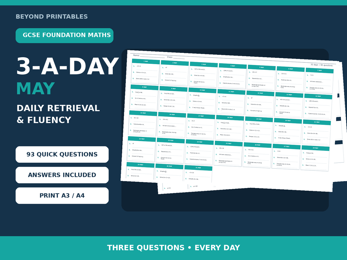 GCSE Foundation One-Mark Skills 3-a-Day May | Daily Retrieval | Answers
