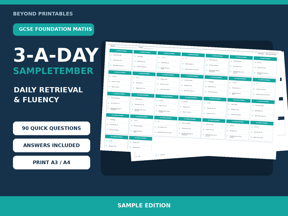 FREE GCSE Foundation One-Mark Skills 3-a-Day Sample | Answers | A3