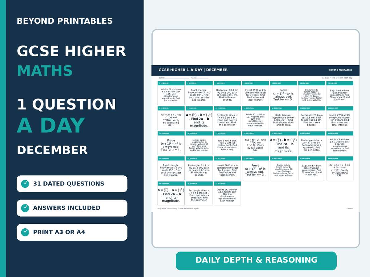 GCSE Higher Maths 1-a-Day December | Daily Reasoning | Answers | A3/A4