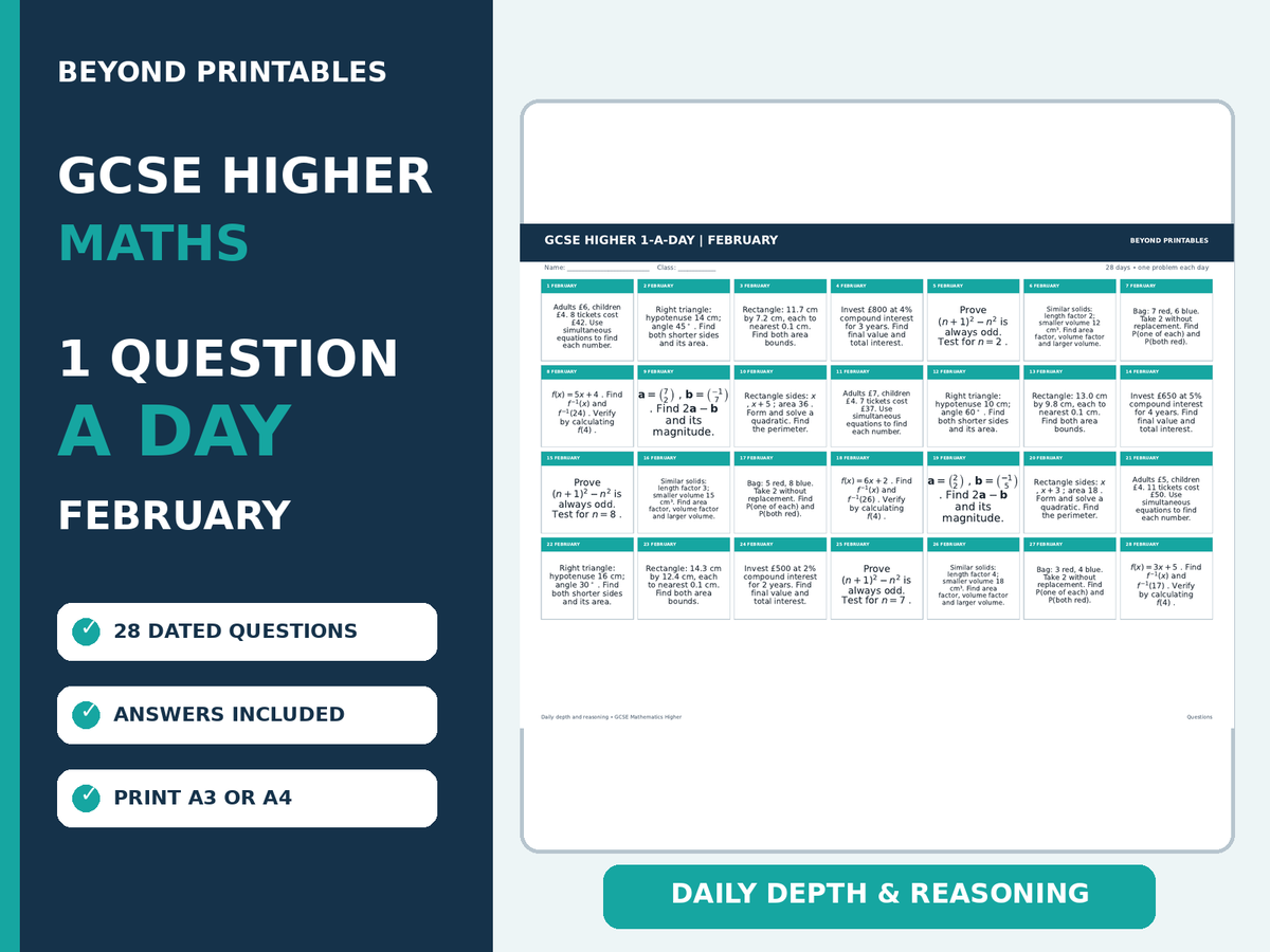 GCSE Higher Maths 1-a-Day February | Daily Reasoning | Answers | A3/A4