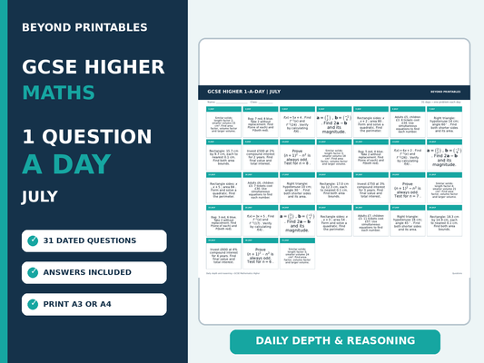 GCSE Higher Maths 1-a-Day July | Daily Reasoning | Answers | A3/A4