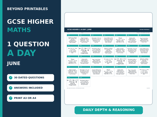 GCSE Higher Maths 1-a-Day June | Daily Reasoning | Answers | A3/A4