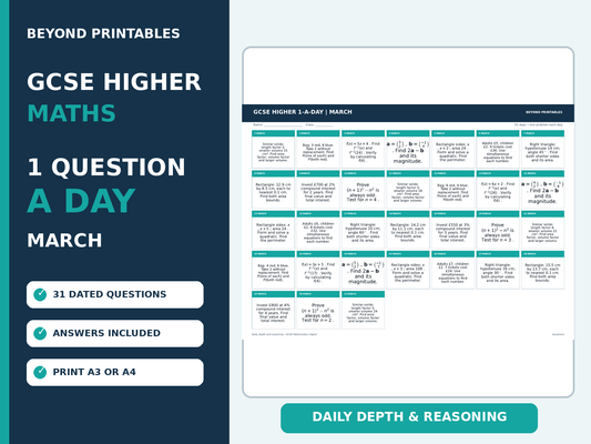 GCSE Higher Maths 1-a-Day March | Daily Reasoning | Answers | A3/A4