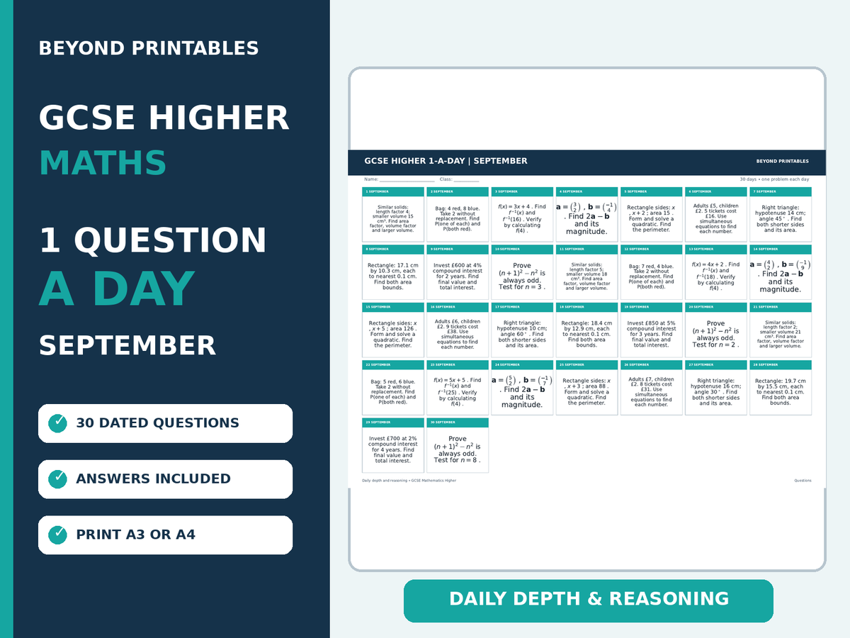 GCSE Higher Maths 1-a-Day September | Daily Reasoning | Answers | A3/A4