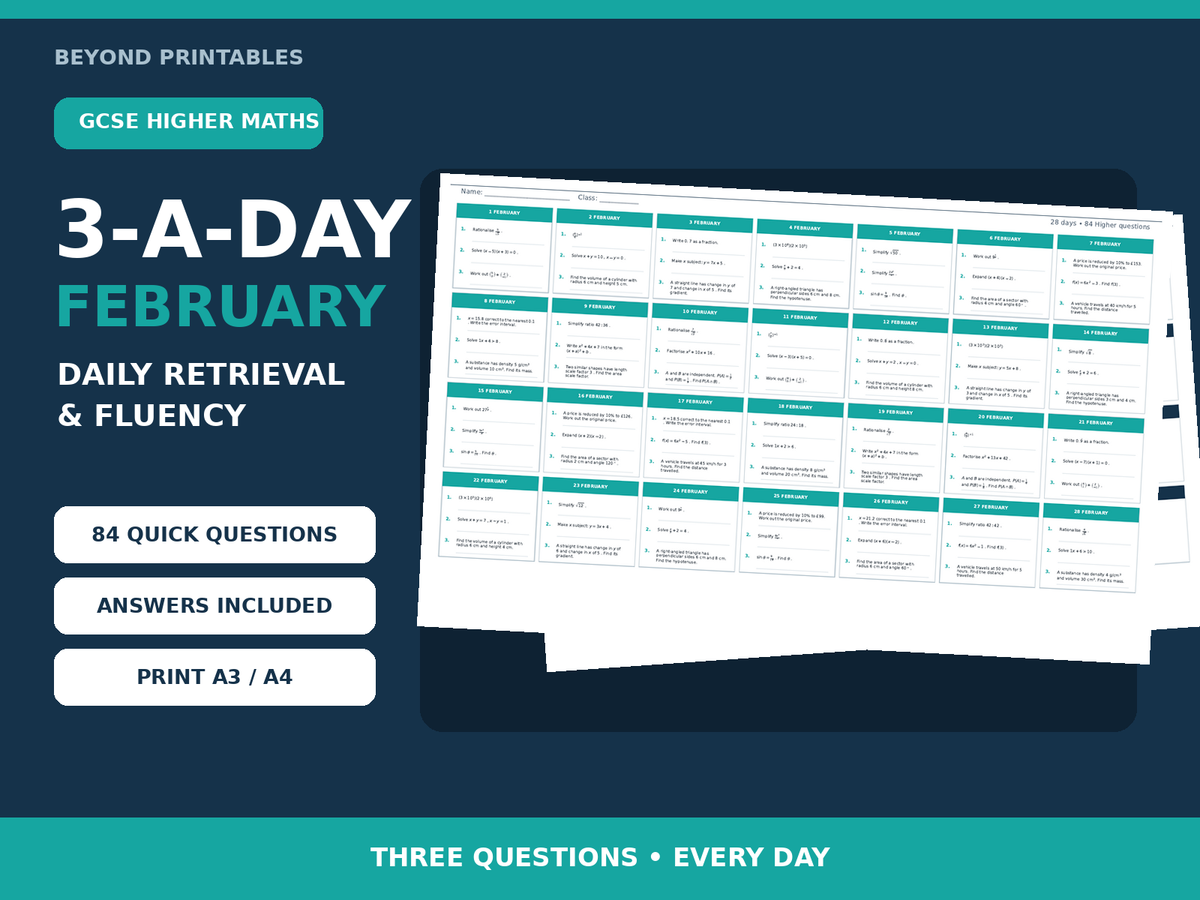 GCSE Essential Higher Skills 3-a-Day February | Daily Retrieval | Answers