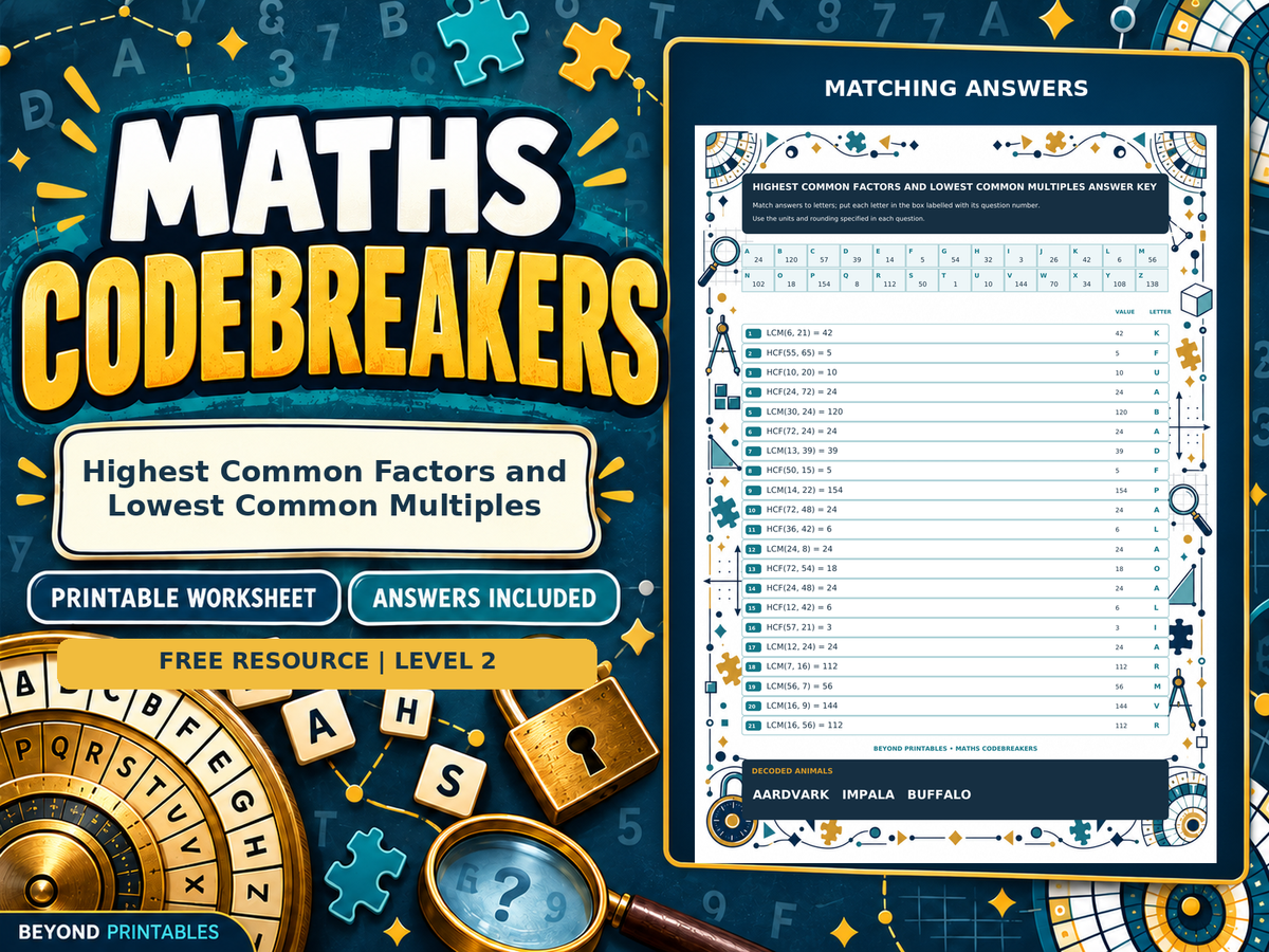 FREE Highest Common Factors and Lowest Common Multiples | Maths Codebreaker | Answers Included — worksheet preview