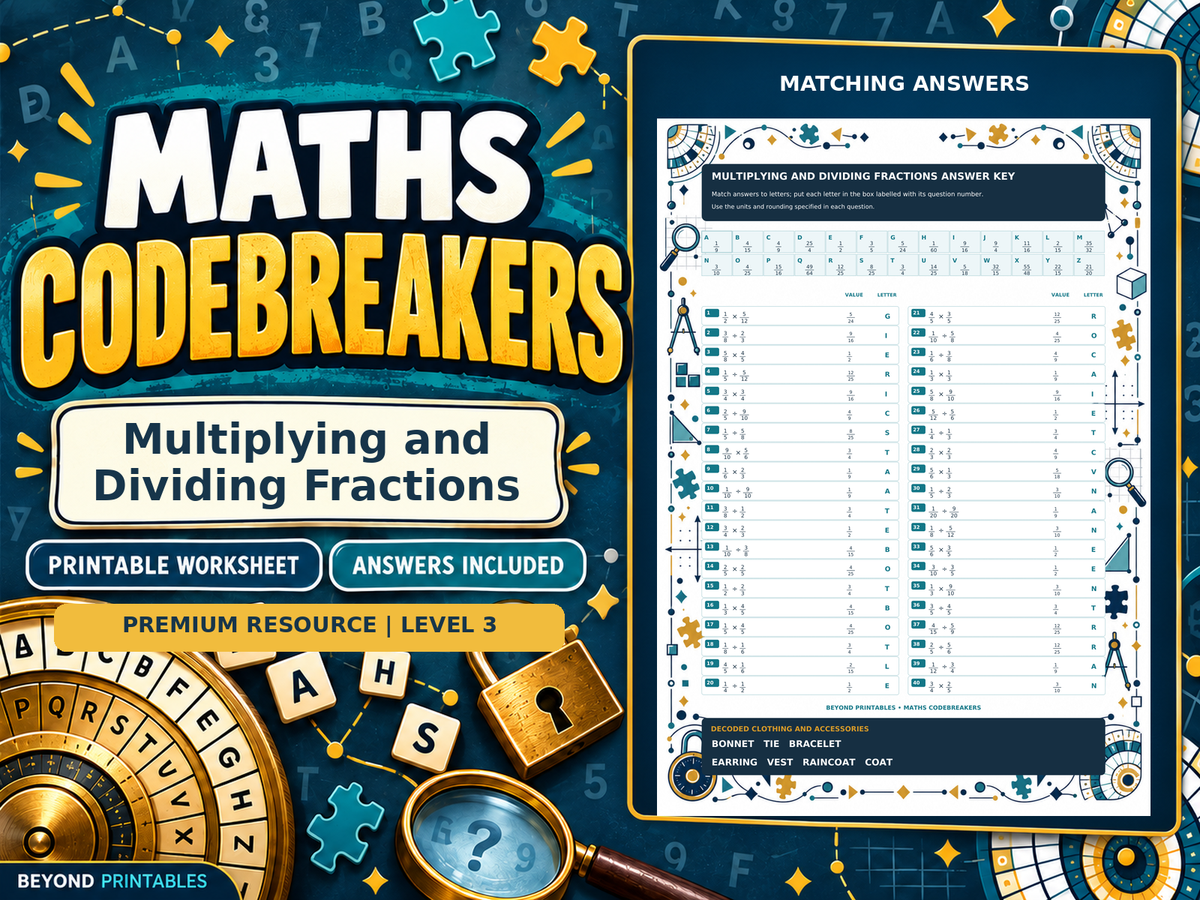 Premium Multiplying and Dividing Fractions | Maths Codebreaker | Answers Included — worksheet preview