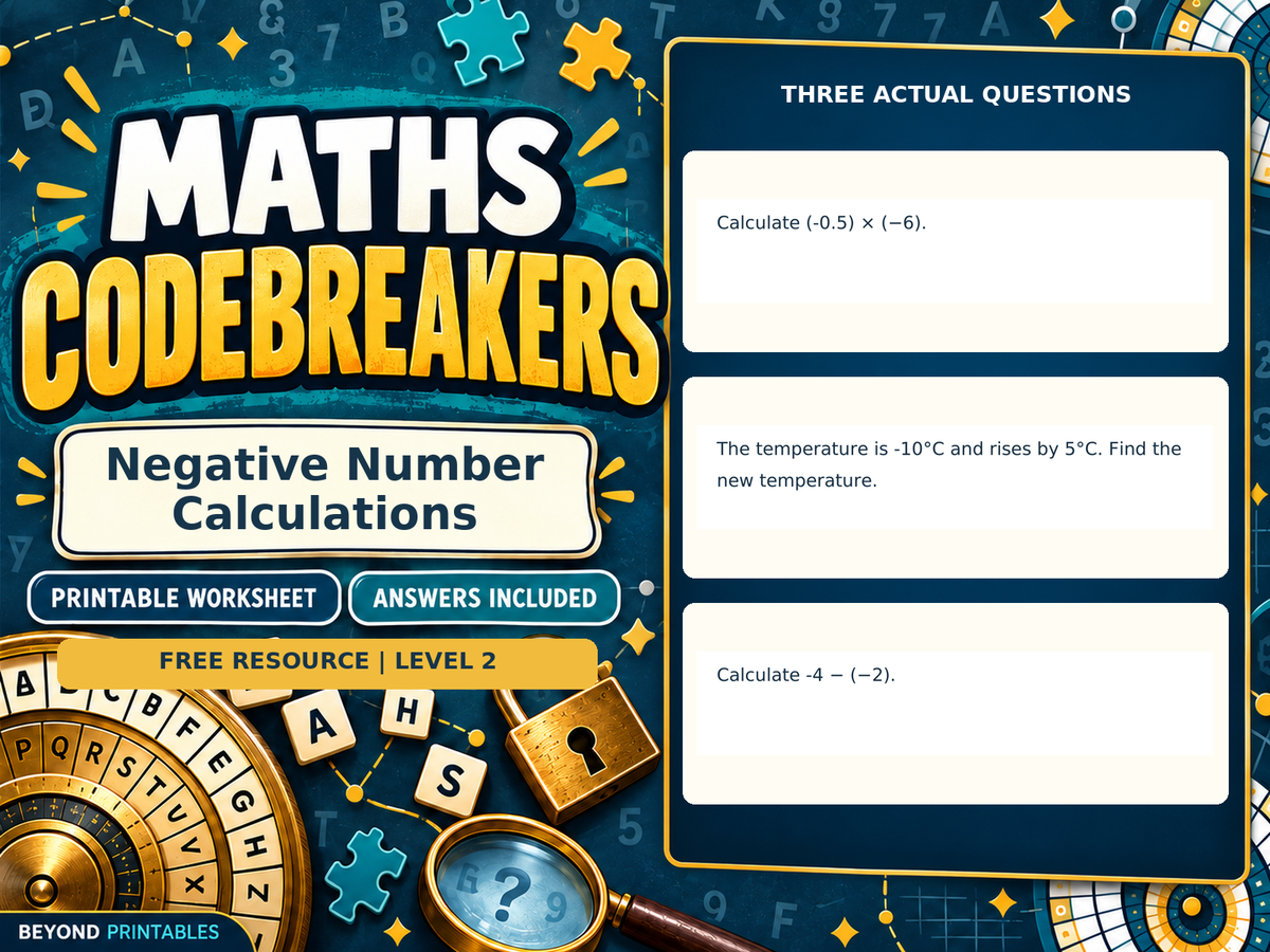 FREE Negative Number Calculations | Maths Codebreaker | Answers Included — answer preview