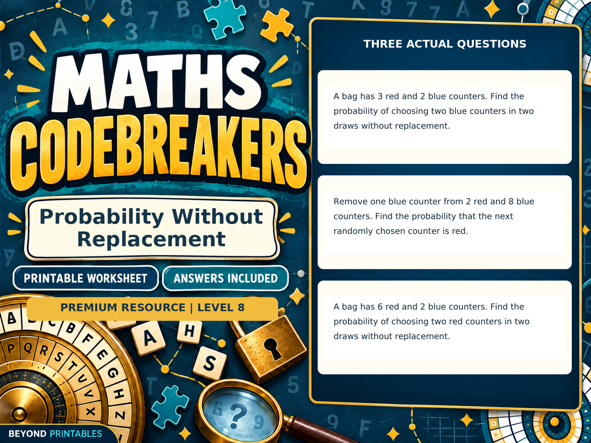 Premium Probability Without Replacement | Maths Codebreaker | Answers Included — answer preview