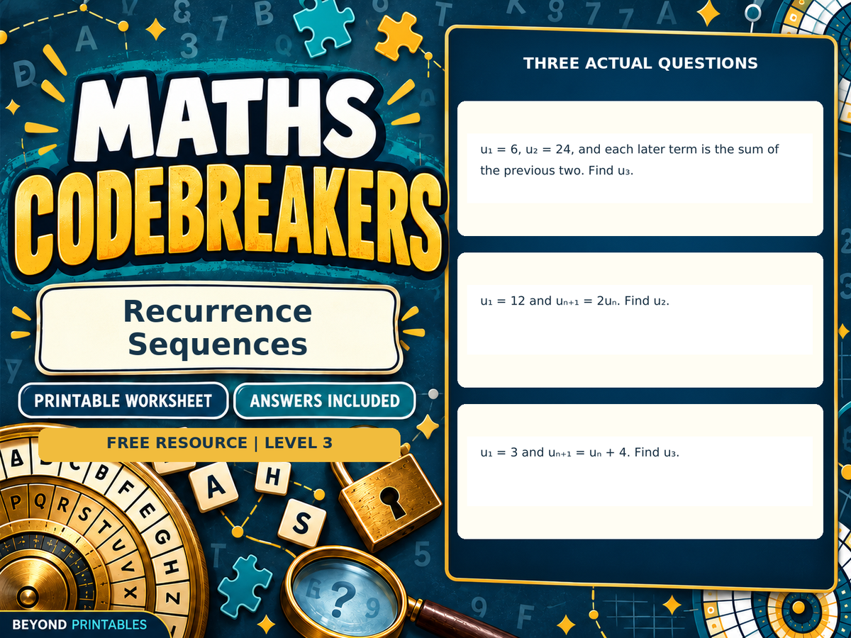 FREE Recurrence Sequences | Maths Codebreaker | Answers Included — answer preview