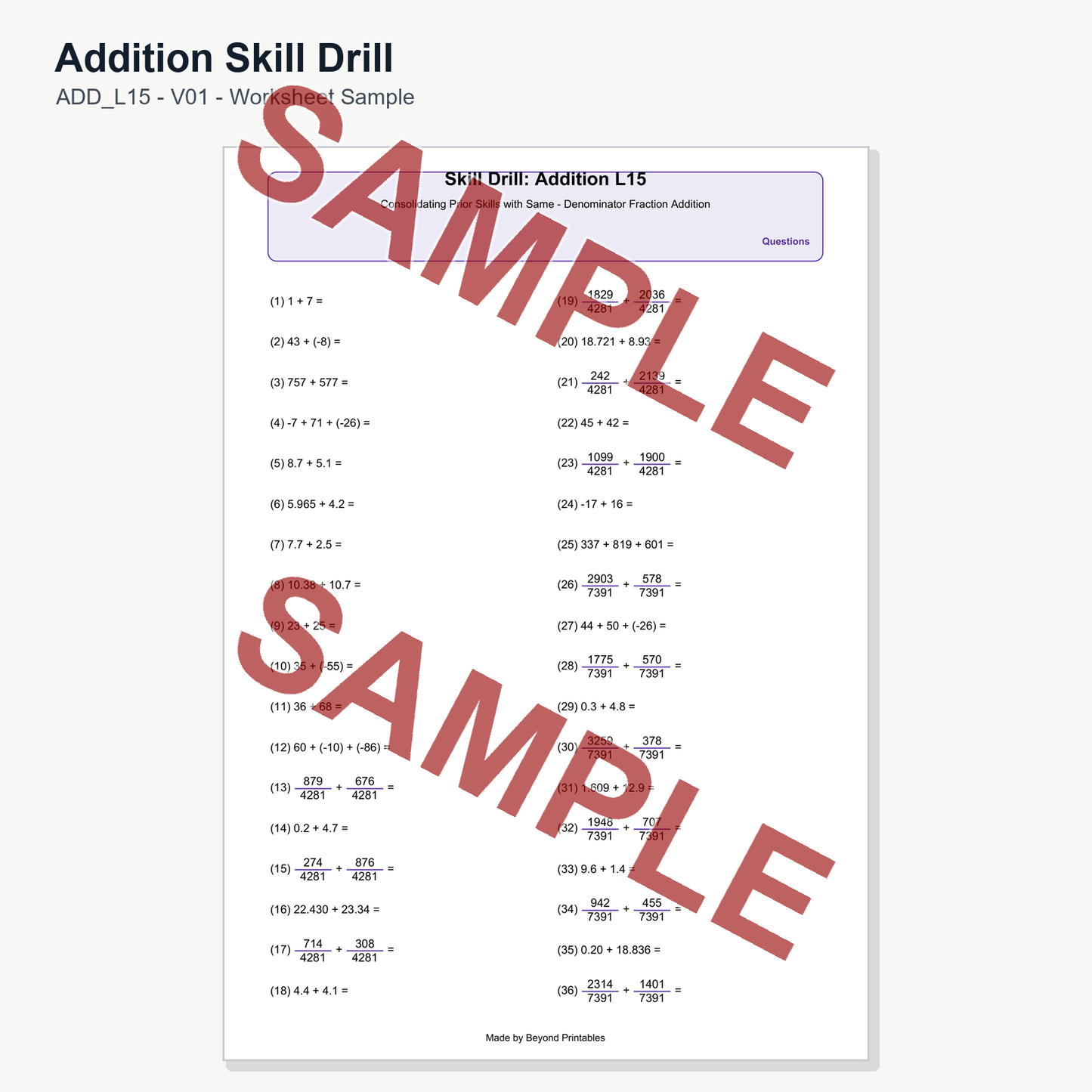 Addition Skill Drill - Level 15: Same Denominator Fraction (V01)
