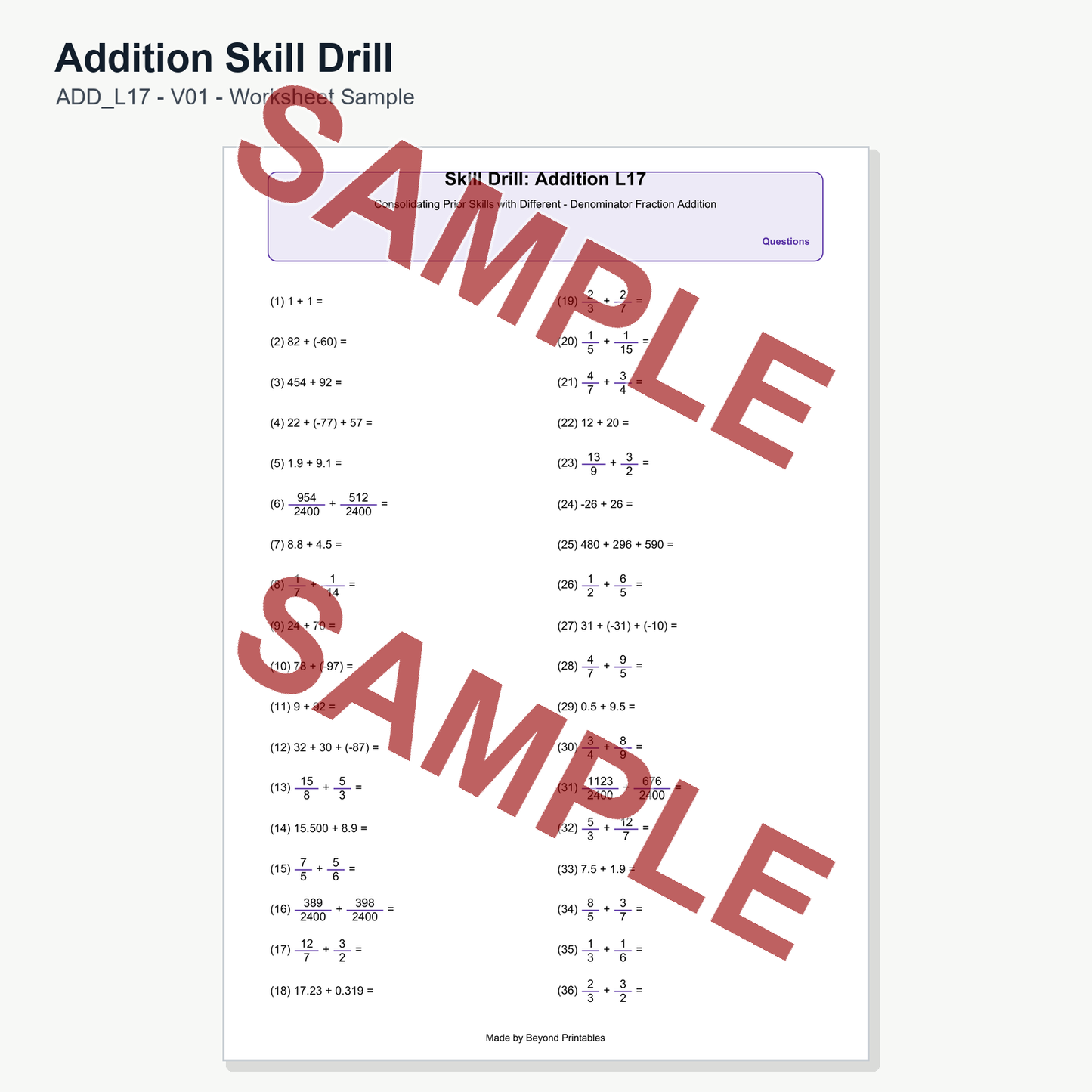 Addition Skill Drill - Level 17: Different Denominator Fraction (V01)
