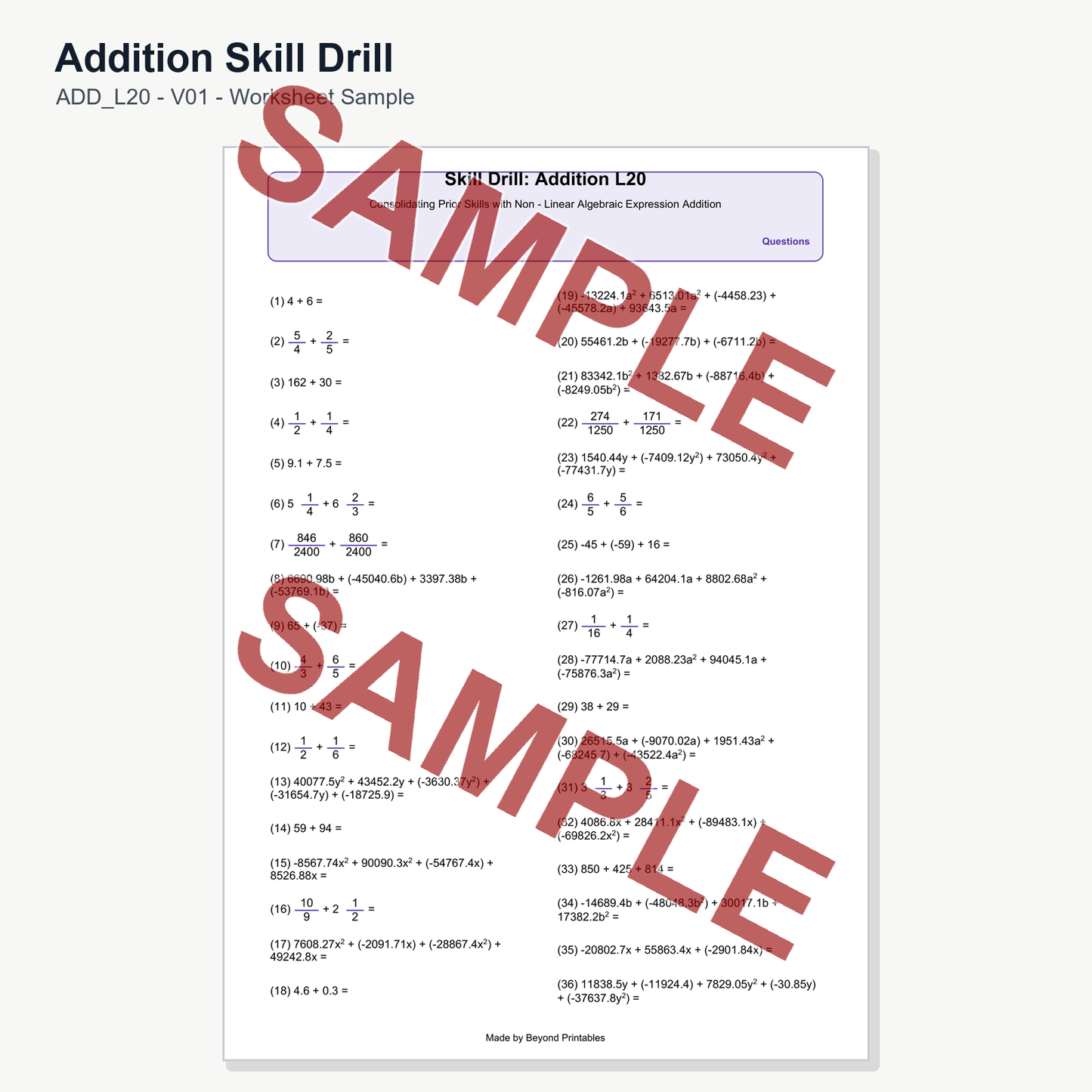 Addition Skill Drill - Level 20: Non Linear Algebraic (V01)