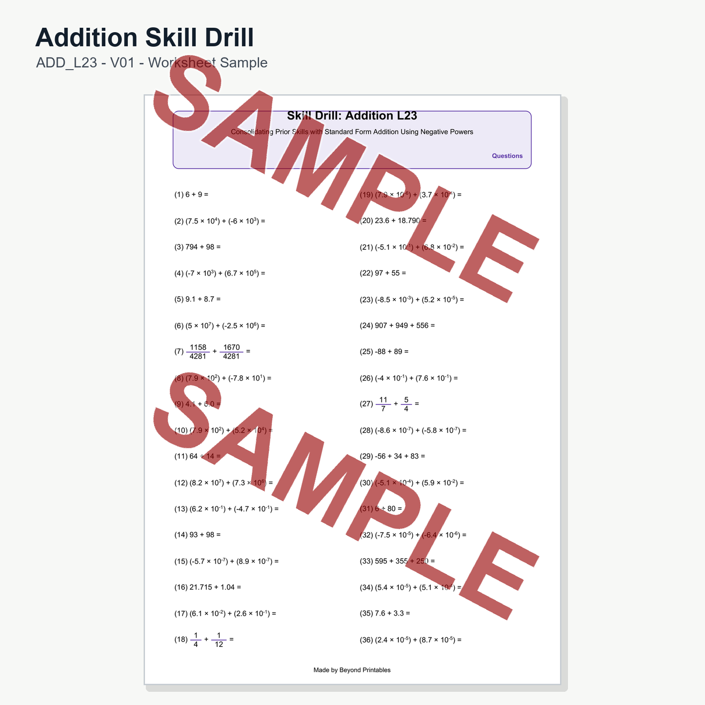 Addition Skill Drill - Level 23: Standard Form Addition (V01)