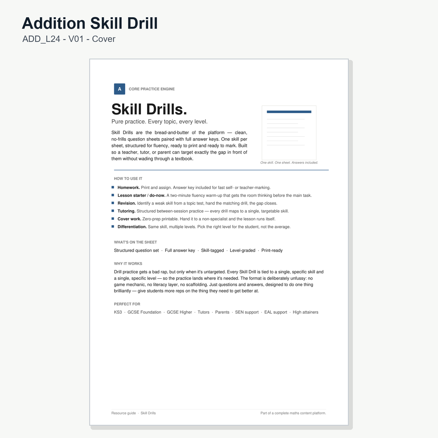 Addition Skill Drill - Level 24: Standard Form Addition (V01)