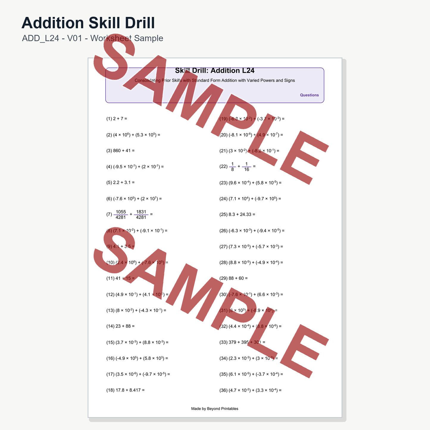 Addition Skill Drill - Level 24: Standard Form Addition (V01)