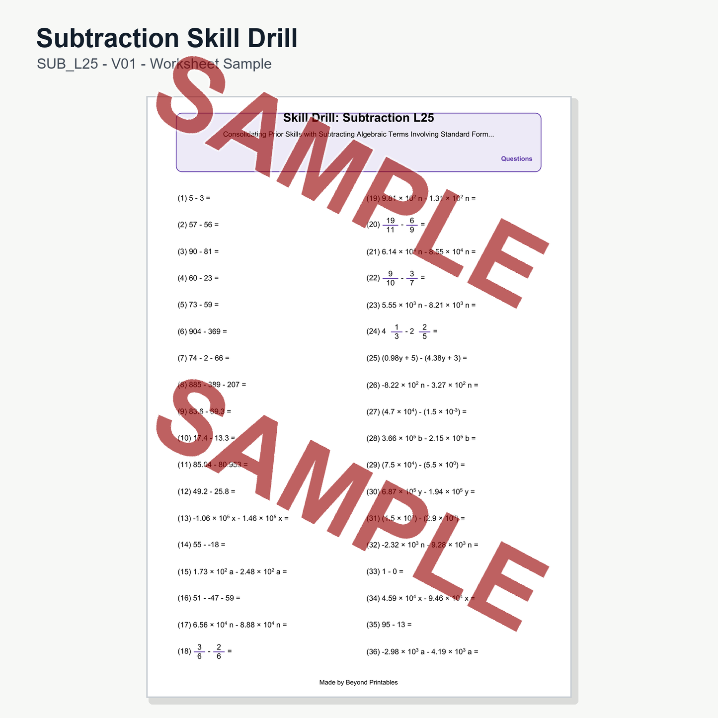 Subtraction Skill Drill — SUB L25 (V01)
