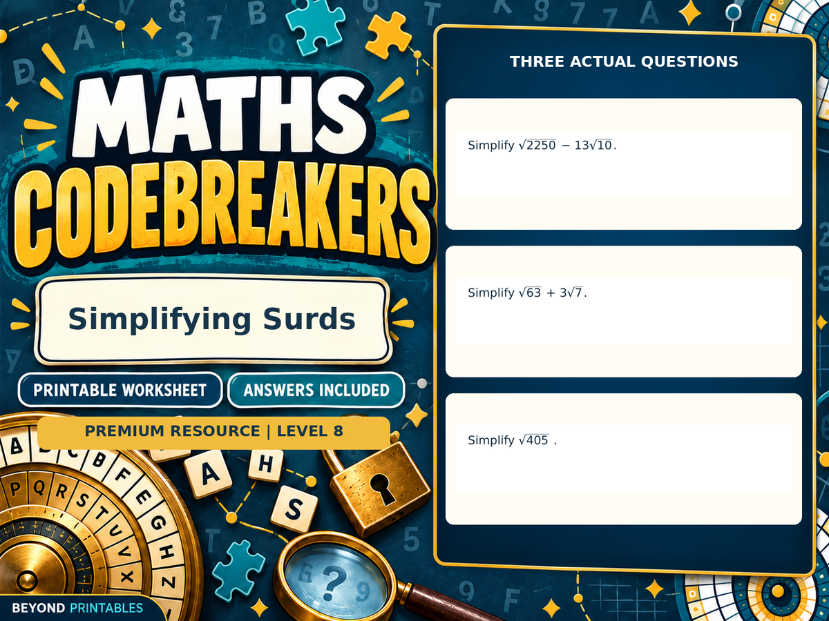 Premium Simplifying Surds | Maths Codebreaker | Answers Included — answer preview