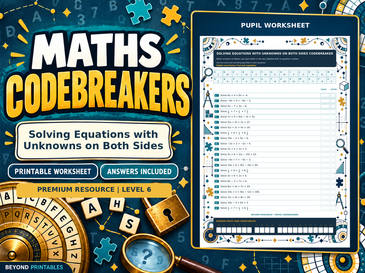 Premium Solving Equations with Unknowns on Both Sides | Maths Codebreaker | Answers Included — cover