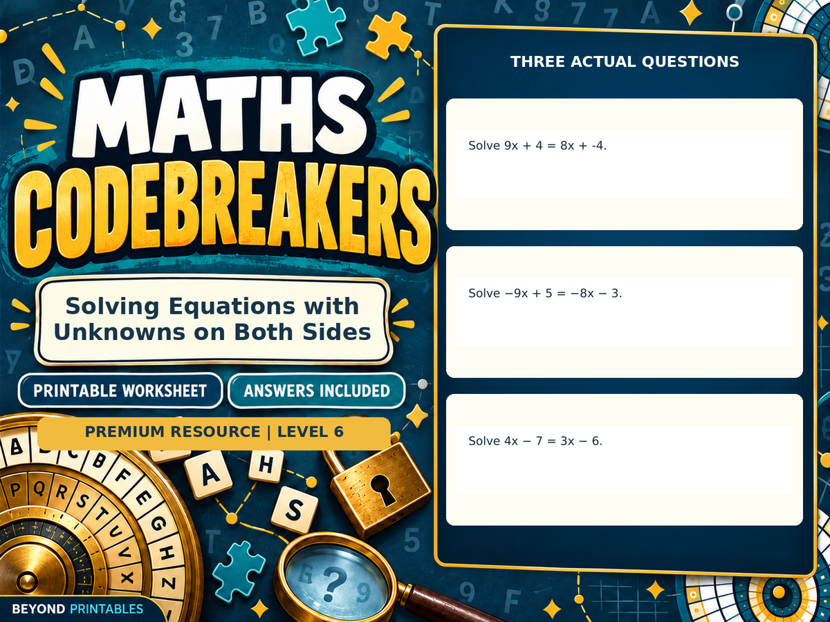 Premium Solving Equations with Unknowns on Both Sides | Maths Codebreaker | Answers Included — answer preview