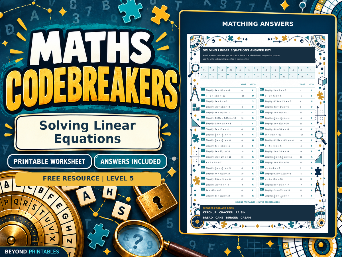 FREE Solving Linear Equations | Maths Codebreaker | Answers Included — worksheet preview