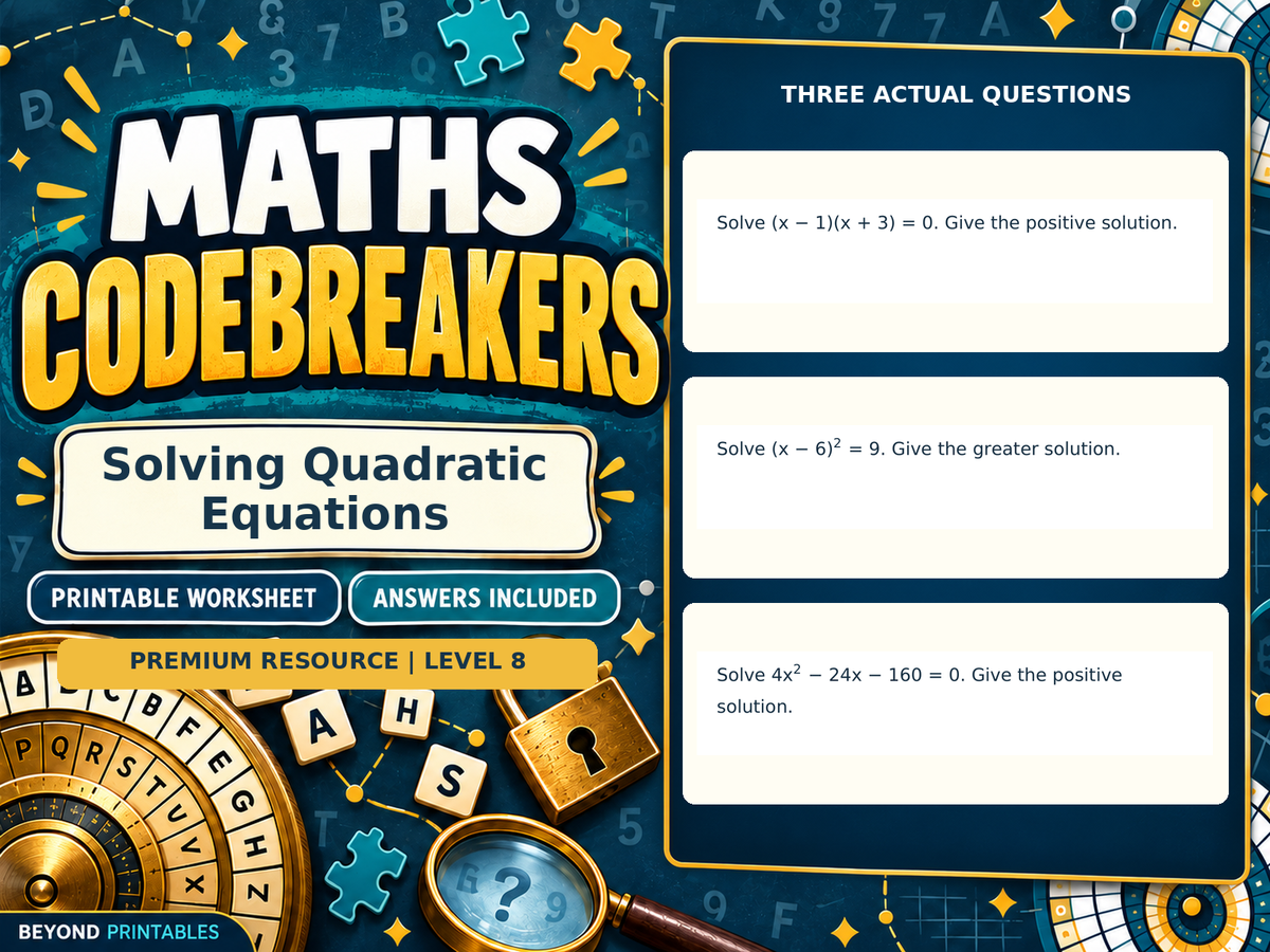 Premium Solving Quadratic Equations | Maths Codebreaker | Answers Included — answer preview