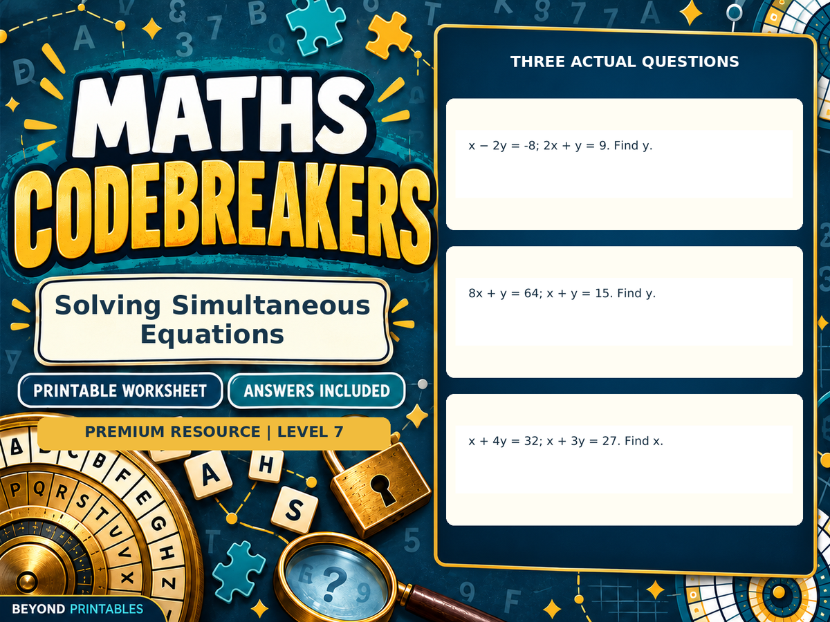 Premium Solving Simultaneous Equations | Maths Codebreaker | Answers Included — answer preview