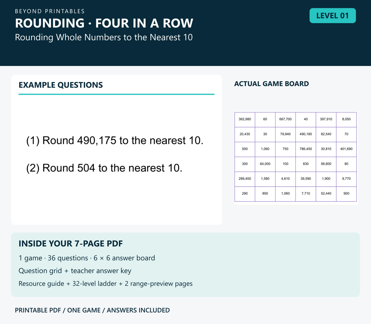 Rounding Four in a Row | Level 01: Rounding Whole Numbers to the Nearest 10 | Version 1 — two example questions, game board and PDF contents