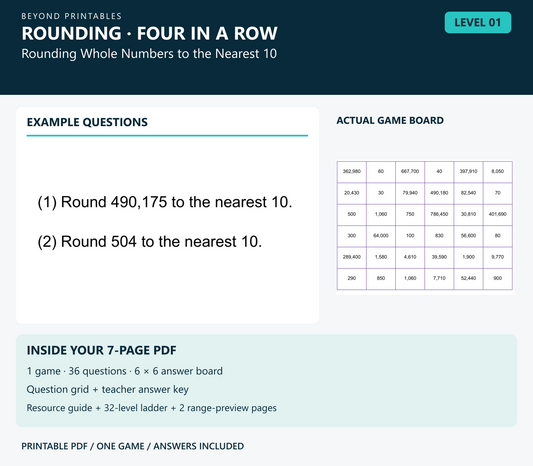 Rounding Four in a Row | Level 01: Rounding Whole Numbers to the Nearest 10 | Version 1 — two example questions, game board and PDF contents