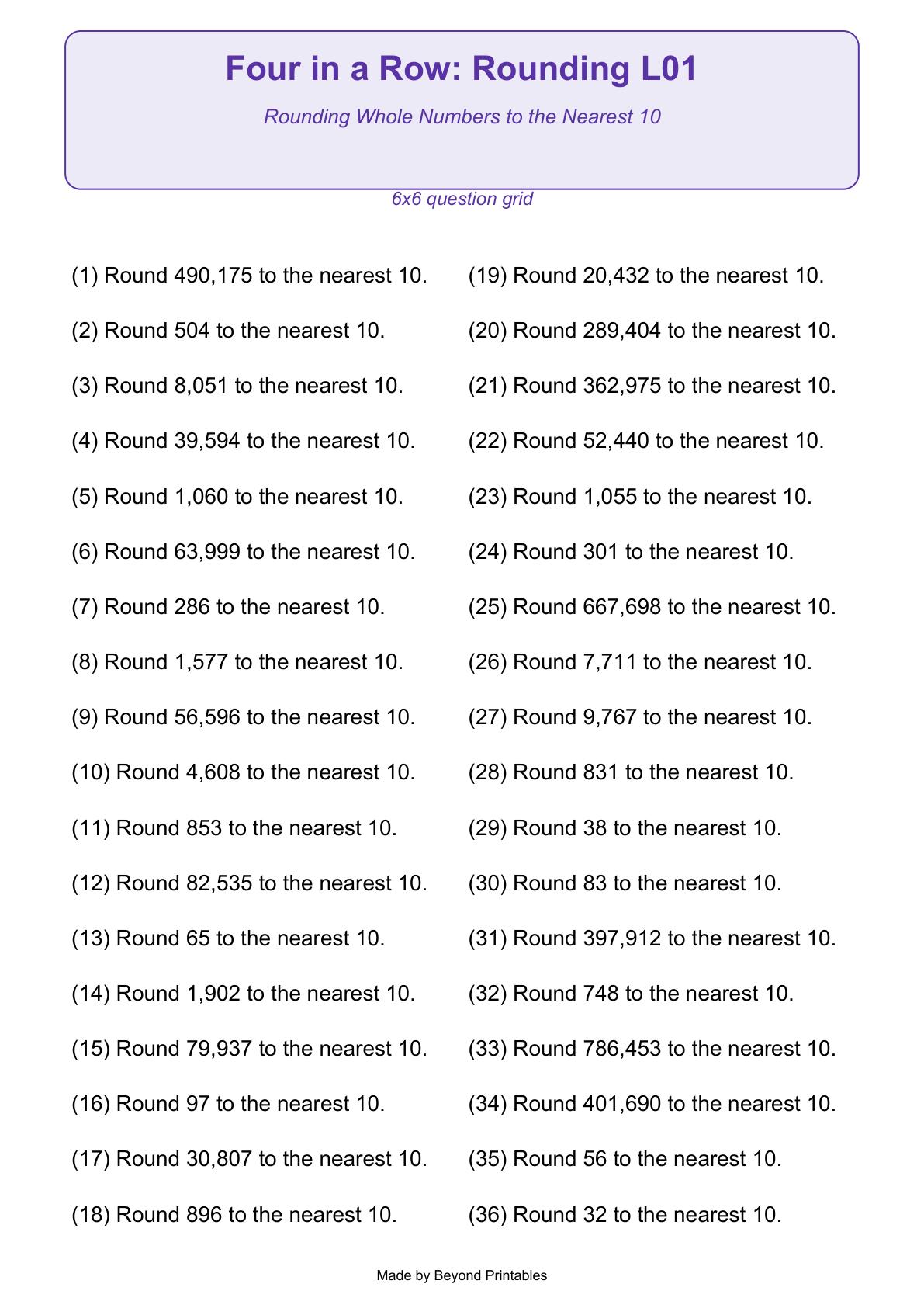 Rounding Four in a Row | Level 01: Rounding Whole Numbers to the Nearest 10 | Version 1