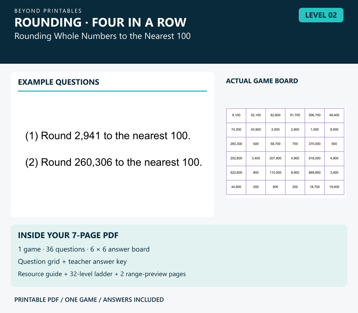 Rounding Four in a Row | Level 02: Rounding Whole Numbers to the Nearest 100 | Version 1 — two example questions, game board and PDF contents