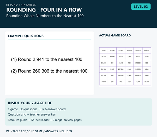 Rounding Four in a Row | Level 02: Rounding Whole Numbers to the Nearest 100 | Version 1 — two example questions, game board and PDF contents