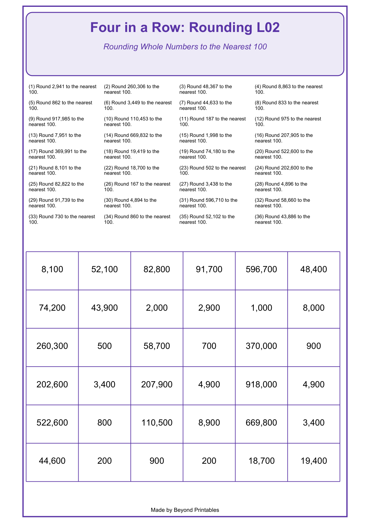 Rounding Four in a Row | Level 02: Rounding Whole Numbers to the Nearest 100 | Version 1 — actual PDF preview page