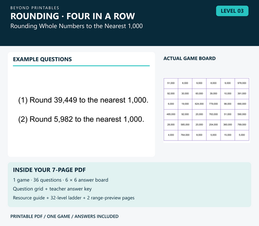 Rounding Four in a Row | Level 03: Rounding Whole Numbers to the Nearest 1,000 | Version 1 — two example questions, game board and PDF contents