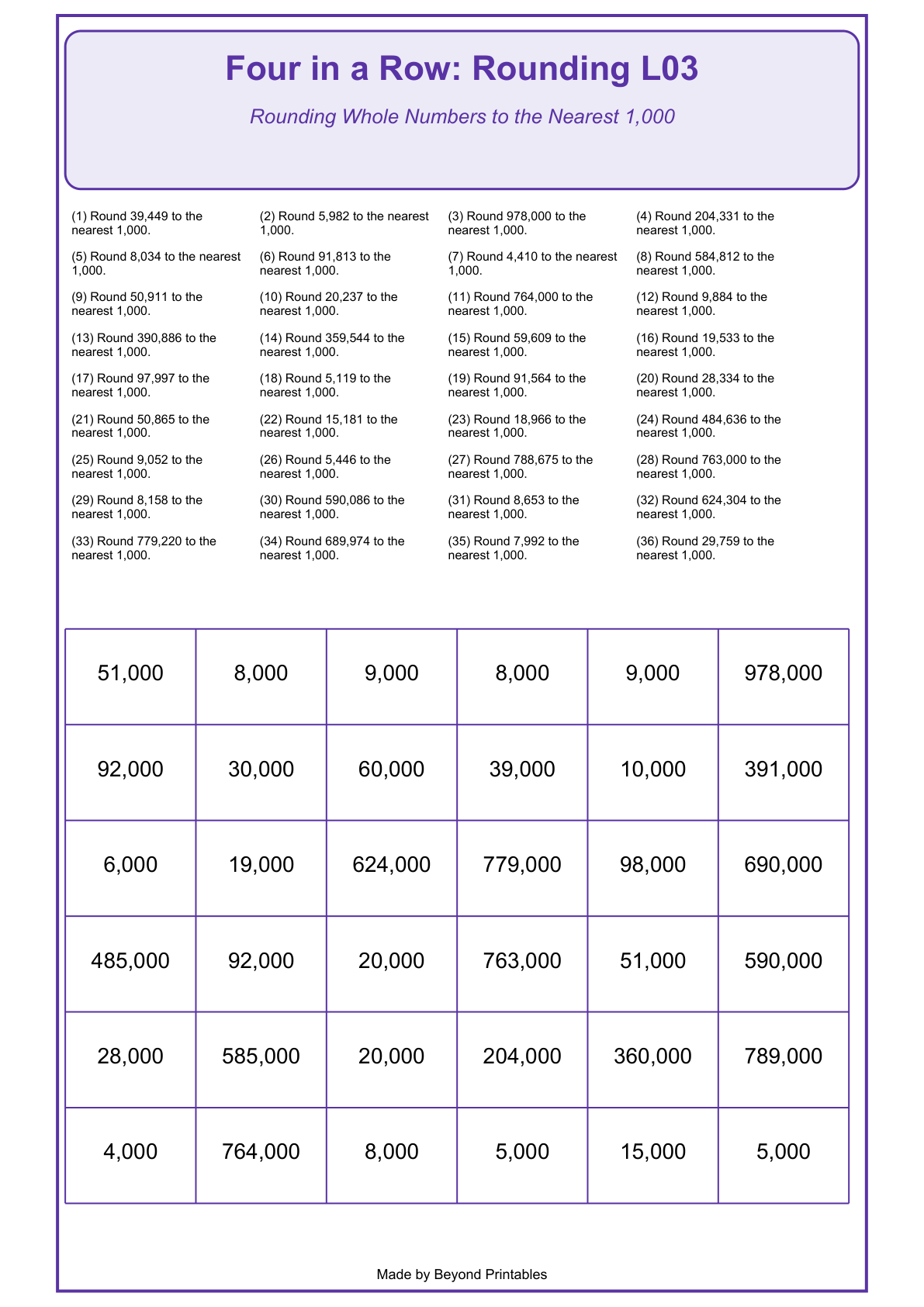 Rounding Four in a Row | Level 03: Rounding Whole Numbers to the Nearest 1,000 | Version 1 — actual PDF preview page